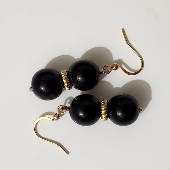 Hand Crafted Elegant Black and Gold Earrings Beaded Pierced - Picture 4 of 7